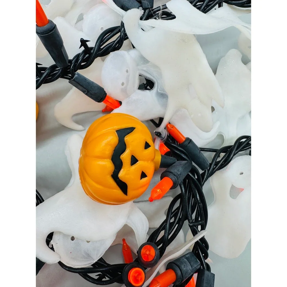 Halloween Blow Mold String Lights White Ghost Pumpkin Decor Tested